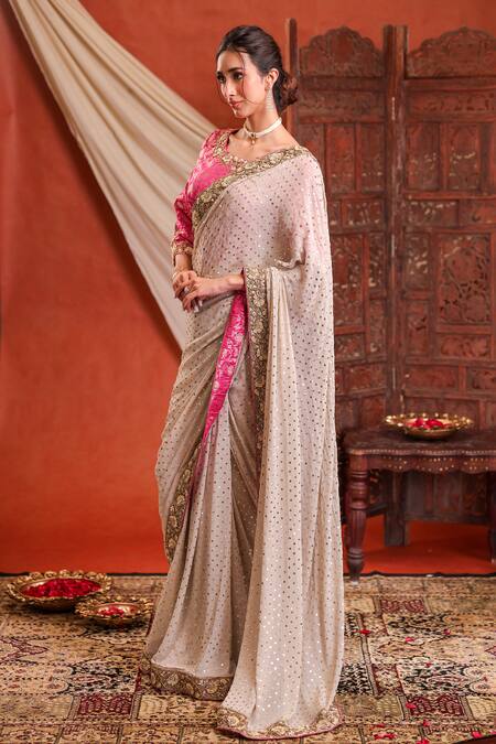 Shop_Farha Syed_Ivory Georgette, Shantoon, Taffeta Sequins, Embroidery, Zari Saree And Blouse Set 