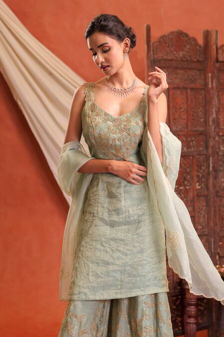 Farha Syed_Mint Chanderi Silk Embroidery, Zari, Metallic Thread Tissue Kurta Sharara Set _Online_at_Aza_Fashions