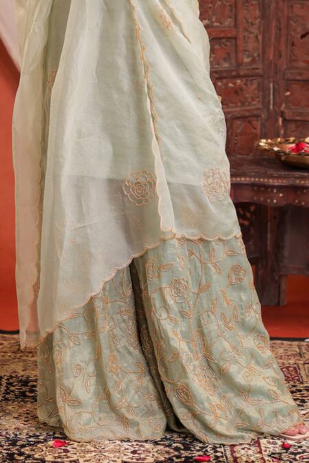 Shop_Farha Syed_Mint Chanderi Silk Embroidery, Zari, Metallic Thread Tissue Kurta Sharara Set _Online_at_Aza_Fashions