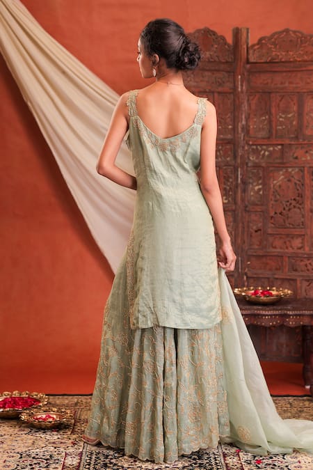 Farha Syed Chanderi Silk Tissue Embroidered Kurta Sharara Set 