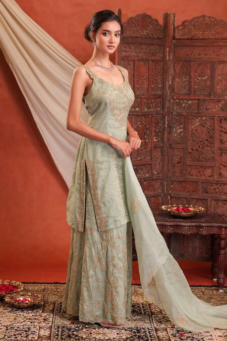 Farha Syed_Mint Chanderi Silk Embroidery, Zari, Metallic Thread Tissue Kurta Sharara Set _at_Aza_Fashions