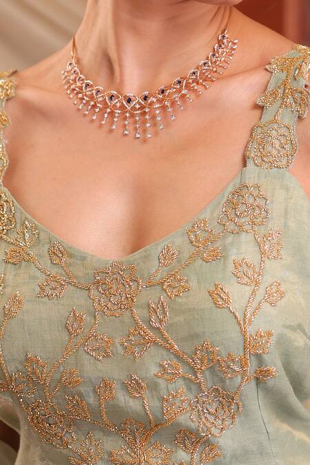 Buy_Farha Syed_Mint Chanderi Silk Embroidery, Zari, Metallic Thread Tissue Kurta Sharara Set 