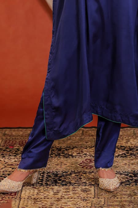 Farha Syed_Navy Silk, Lycra Sequins, Beads, Embroidery, Metallic Thread Kaftaan And Pant Set _Online_at_Aza_Fashions