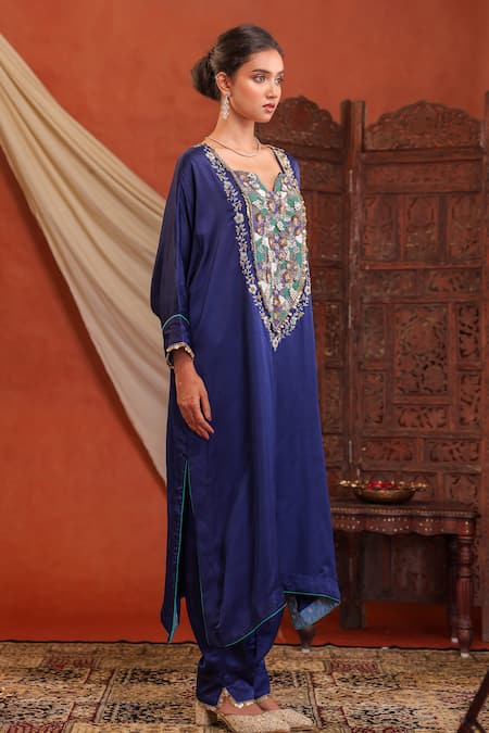 Buy_Farha Syed_Navy Silk, Lycra Sequins, Beads, Embroidery, Metallic Thread Kaftaan And Pant Set _Online_at_Aza_Fashions