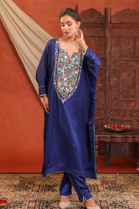 Buy_Farha Syed_Navy Silk, Lycra Sequins, Beads, Embroidery, Metallic Thread Kaftaan And Pant Set 