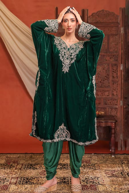 Farha Syed Velvet Embroidered Phiran Kaftan With Dhoti Pant 