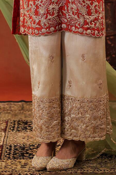 Buy_Farha Syed_Red Silk, Organza Embroidery, Zari, Sequins Kurta And Pant Set _Online_at_Aza_Fashions
