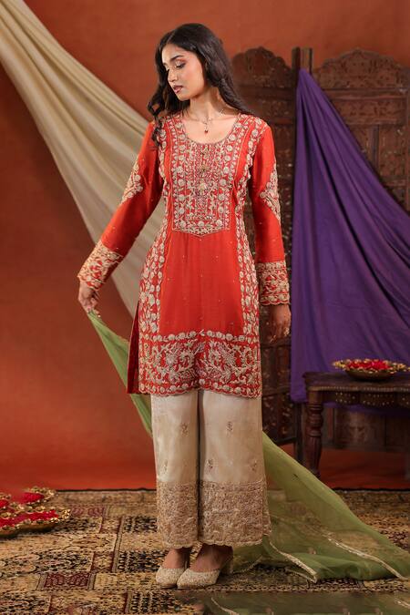 Shop_Farha Syed_Red Silk, Organza Embroidery, Zari, Sequins Kurta And Pant Set _Online_at_Aza_Fashions