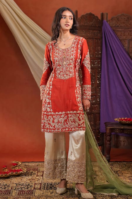 Farha Syed_Red Silk, Organza Embroidery, Zari, Sequins Kurta And Pant Set _at_Aza_Fashions