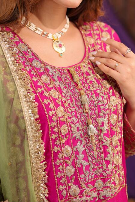Farha Syed_Pink Silk, Organza Embroidery, Zari Round Neck, Kurta Set _Online_at_Aza_Fashions