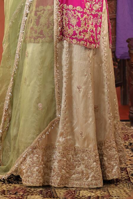 Buy_Farha Syed_Pink Silk, Organza Embroidery, Zari Round Neck, Kurta Set _Online_at_Aza_Fashions