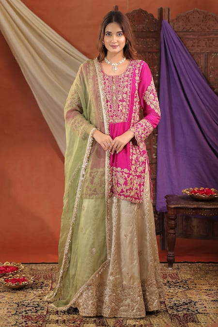 Shop_Farha Syed_Pink Silk, Organza Embroidery, Zari Round Neck, Kurta Set _Online_at_Aza_Fashions