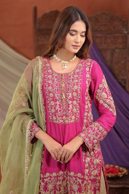 Farha Syed_Pink Silk, Organza Embroidery, Zari Round Neck, Kurta Set _at_Aza_Fashions