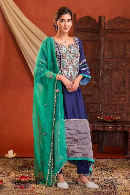 Farha Syed_Navy Silk, Organza Beads, Sequins, Embroidery, Metallic Thread Kurta Pant Set _Online_at_Aza_Fashions