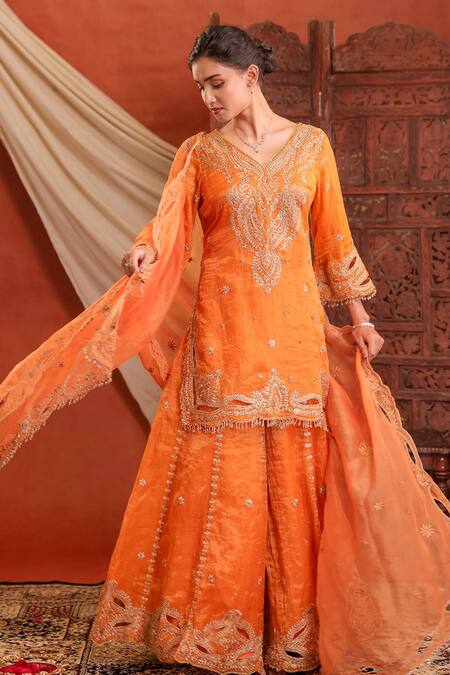 Buy_Farha Syed_Orange Chanderi Silk, Organza Embroidery, Zari V-neck Tissue Kurta Sharara Set _Online_at_Aza_Fashions