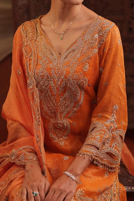 Buy_Farha Syed_Orange Chanderi Silk, Organza Embroidery, Zari V-neck Tissue Kurta Sharara Set 