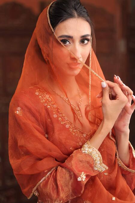 Farha Syed_Rust Chanderi Silk, Organza Embroidery, Sequins, Zari, Gota Kurta And Skirt Set _Online_at_Aza_Fashions
