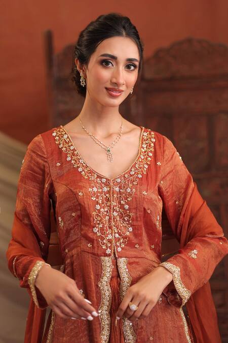 Buy_Farha Syed_Rust Chanderi Silk, Organza Embroidery, Sequins, Zari, Gota Kurta And Skirt Set _Online_at_Aza_Fashions