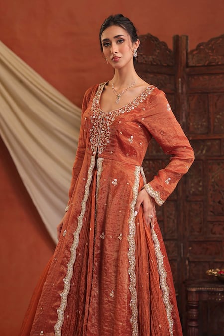 Shop_Farha Syed_Rust Chanderi Silk, Organza Embroidery, Sequins, Zari, Gota Kurta And Skirt Set _Online_at_Aza_Fashions
