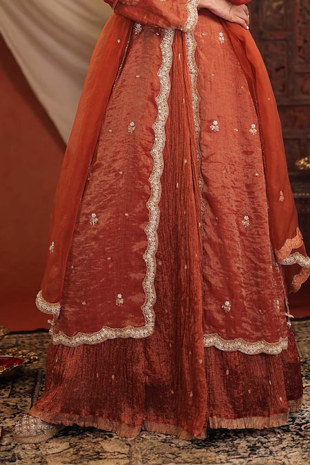 Buy_Farha Syed_Rust Chanderi Silk, Organza Embroidery, Sequins, Zari, Gota Kurta And Skirt Set 