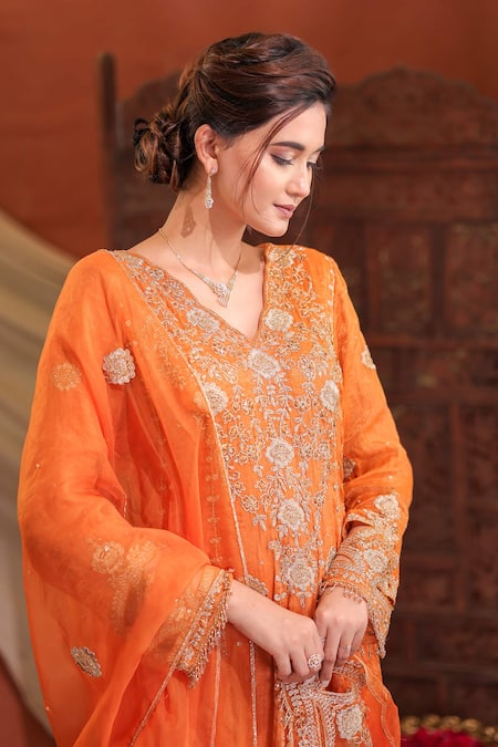 Farha Syed_Orange Chanderi Silk, Organza Embroidery, Zari, Sequins V-neck Anarkali Set _Online_at_Aza_Fashions