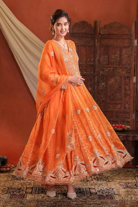 Buy_Farha Syed_Orange Chanderi Silk, Organza Embroidery, Zari, Sequins V-neck Anarkali Set _Online_at_Aza_Fashions