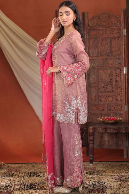 Shop_Farha Syed_Lavender Chanderi Silk, Organza Embroidery, Sequins, Metallic Thread Kurta Set _Online_at_Aza_Fashions