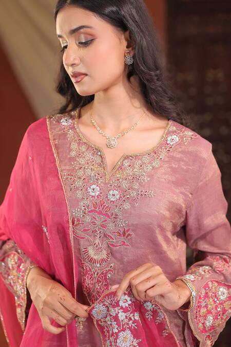 Farha Syed_Lavender Chanderi Silk, Organza Embroidery, Sequins, Metallic Thread Kurta Set _at_Aza_Fashions