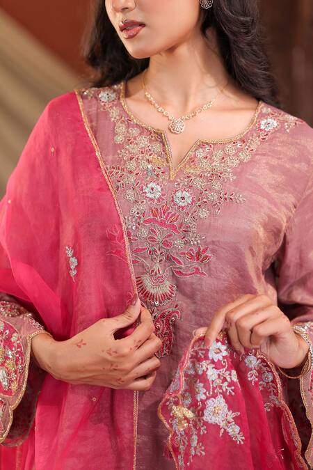 Buy_Farha Syed_Lavender Chanderi Silk, Organza Embroidery, Sequins, Metallic Thread Kurta Set 