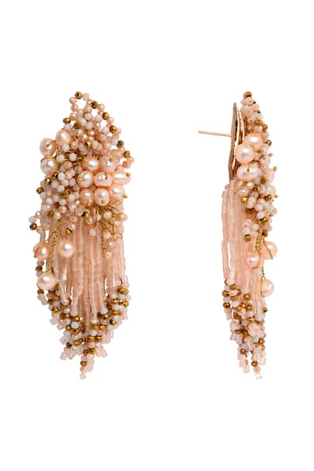 House Of D"Oro_Peach Beads, Pearls Bouquetta Beaded Embellished Earrings _Online_at_Aza_Fashions