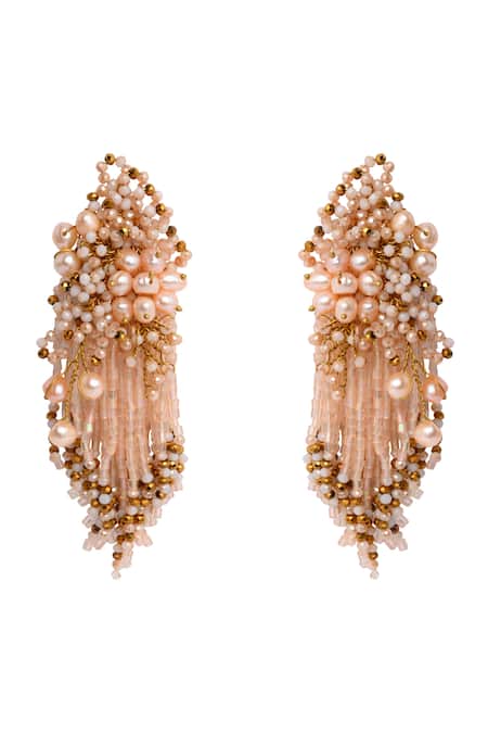 Shop_House Of D"Oro_Peach Beads, Pearls Bouquetta Beaded Embellished Earrings _at_Aza_Fashions