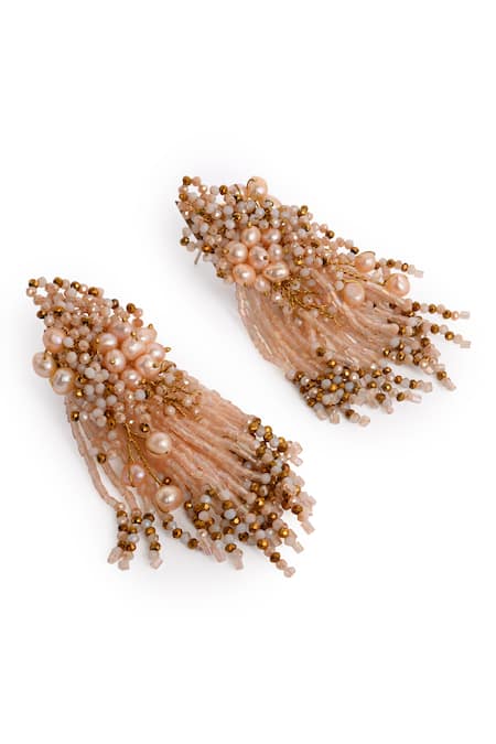 Buy_House Of D"Oro_Peach Beads, Pearls Bouquetta Beaded Embellished Earrings _Online_at_Aza_Fashions