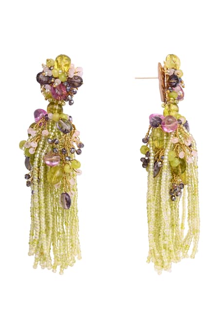 House Of D"Oro_Green Beads, Stones Fleuria Beaded Tassel Drop Earrings _Online_at_Aza_Fashions