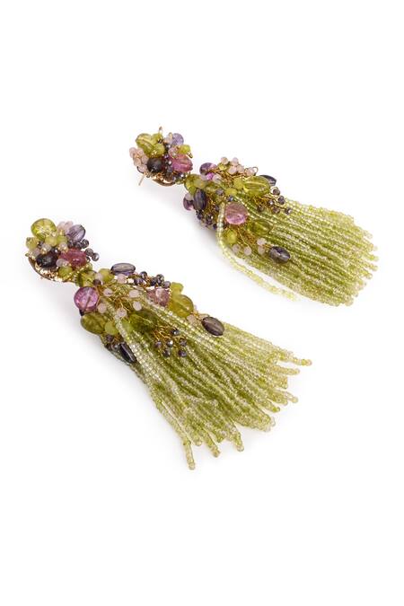 Buy_House Of D"Oro_Green Beads, Stones Fleuria Beaded Tassel Drop Earrings _Online_at_Aza_Fashions