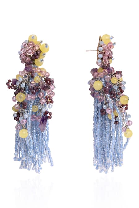 House Of D"Oro_Multi Color Beads, Stones, Tassels Blossom Beaded Drop Earrings _Online_at_Aza_Fashions