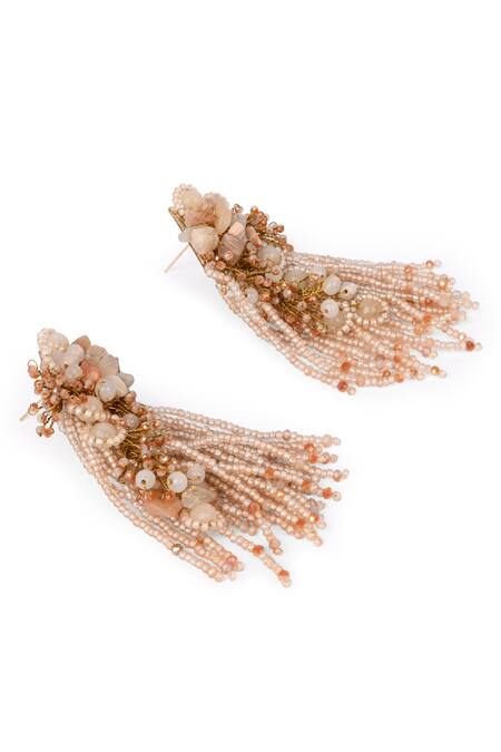 House Of D"Oro_Peach Beads, Pearls, Stones Blossique Beaded And Embellished Earrings _Online_at_Aza_Fashions