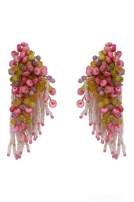 Shop House Of D"Oro Multi Color Beads, Stones Petaline Beaded Cluster Drop Earrings at Aza Fashions Shop_House Of D"Oro_Multi Color Beads, Stones Petaline Beaded Cluster Drop Earrings _at_Aza_Fashions