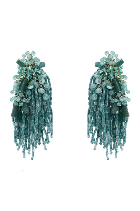 Shop House Of D"Oro Green Beads, Stones Petalia Beaded Tassel Drop Earrings at Aza Fashions Shop_House Of D"Oro_Green Beads, Stones Petalia Beaded Tassel Drop Earrings _at_Aza_Fashions