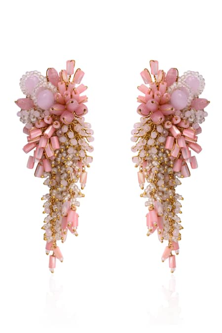 Shop House Of D"Oro Pink Beads, Stones Floree Beaded Cluster Drop Earrings at Aza Fashions Shop_House Of D"Oro_Pink Beads, Stones Floree Beaded Cluster Drop Earrings _at_Aza_Fashions