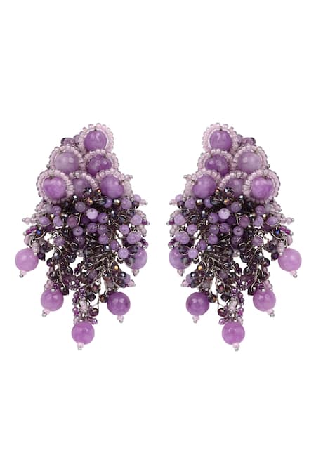 Shop House Of D"Oro Purple Beads, Stones Laventia Beaded Cluster Drop Earrings at Aza Fashions Shop_House Of D"Oro_Purple Beads, Stones Laventia Beaded Cluster Drop Earrings _at_Aza_Fashions