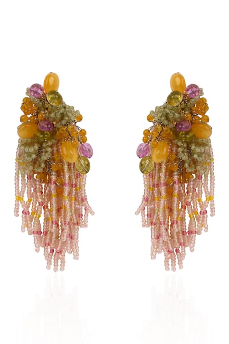 Shop House Of D"Oro Multi Color Beads, Stones Beaded Cluster And Fringe Drop Earrings at Aza Fashions Shop_House Of D"Oro_Multi Color Beads, Stones Beaded Cluster And Fringe Drop Earrings _at_Aza_Fashions