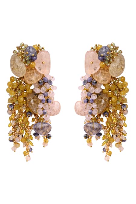 Shop House Of D"Oro Multi Color Beads, Gemstones Florelle And Cluster Dangler Earrings at Aza Fashions Shop_House Of D"Oro_Multi Color Beads, Gemstones Florelle And Cluster Dangler Earrings _at_Aza_Fashions