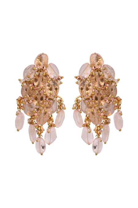 Shop House Of D"Oro Pink Beads, Stones Camelia Beaded Cluster Drop Earrings at Aza Fashions Shop_House Of D"Oro_Pink Beads, Stones Camelia Beaded Cluster Drop Earrings _at_Aza_Fashions