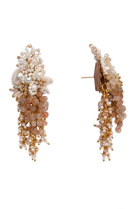 Shop House Of D"Oro Peach Beads, Pearls Magnolia And Stone Embellished Earrings at Aza Fashions Shop_House Of D"Oro_Peach Beads, Pearls Magnolia And Stone Embellished Earrings _at_Aza_Fashions
