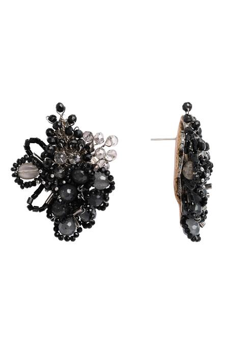 House Of D"Oro_Black Beads, Stones Calla Floral Beaded Cluster Stud Earrings _Online_at_Aza_Fashions