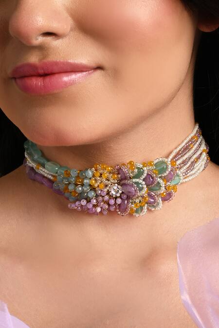 Buy House Of D"Oro Multi Color Uniflora Beaded Choker Necklace Online at Aza Fashions Buy_House Of D"Oro_Multi Color Uniflora Beaded Choker Necklace _Online_at_Aza_Fashions