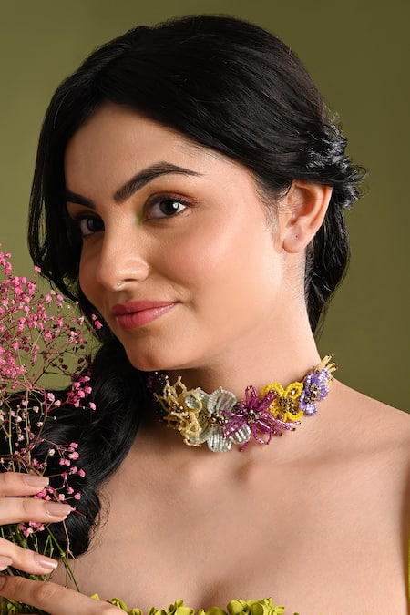 House Of D"Oro Purple Beaded Floral Choker Necklace 