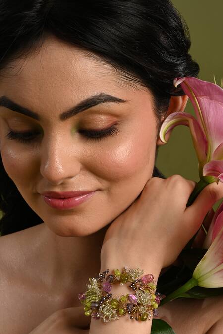 House Of D"Oro_Green Beads, Gemstones Beaded Floral Motif Bracelet _Online_at_Aza_Fashions