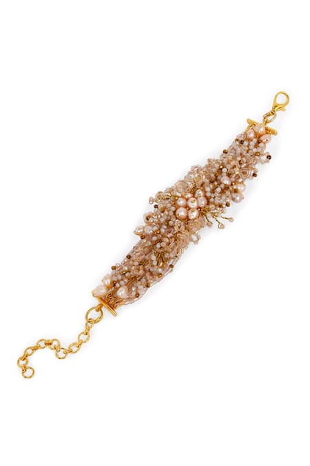 Shop House Of D"Oro Peach Pearls, Beads, Crystals Bouquetta And Embellished Bracelet at Aza Fashions Shop_House Of D"Oro_Peach Pearls, Beads, Crystals Bouquetta And Embellished Bracelet _at_Aza_Fashions