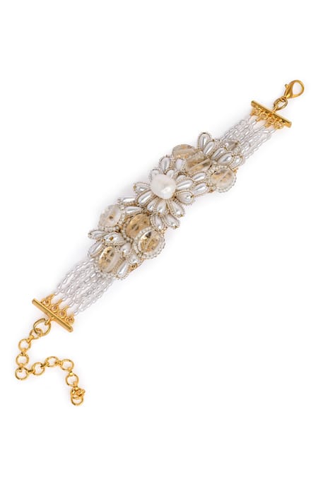 Shop House Of D"Oro White Beads, Pearls, Stones Serenebloom And Studded Bracelet at Aza Fashions Shop_House Of D"Oro_White Beads, Pearls, Stones Serenebloom And Studded Bracelet _at_Aza_Fashions